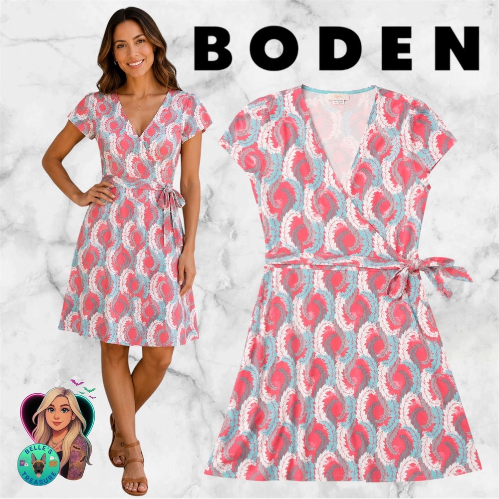 Boden Womens 12 Marion Coral Acanthus Leaf Jersey Knit Wrap Dress Stretch V-Neck